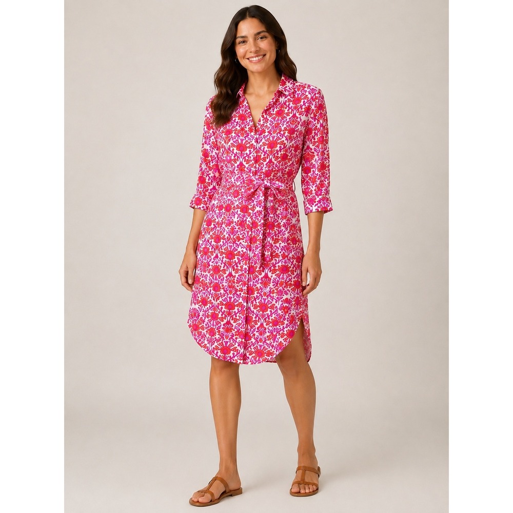 Pink Orange Floral Damask Button Front Shirt Bohemian Dress with Tie Waist Belt